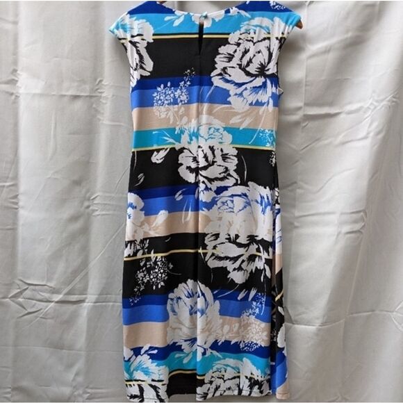 Roz & Ali sz 8 dress blue black tan white summer spring floral sleeveless - Picture 2 of 12